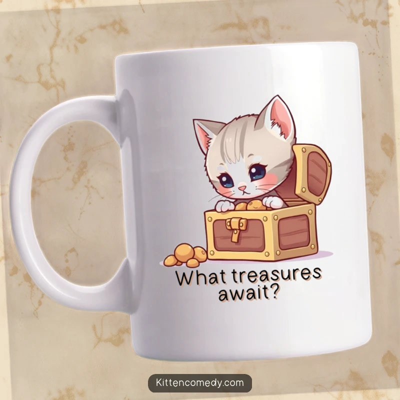 Funny curious kitten mug, peering intently into a small open treasure chest, showing intrigue and discovery.
