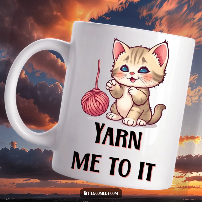 Funny Playful Kitten Mug: A cute kitten happily batting at a dangling ball of yarn, a humorous and fun gift.