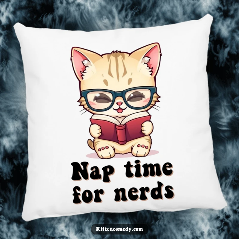 Funny pillow featuring a giggling kitten character in oversized glasses, passionately reading a miniature book, ideal for bookish comfort.