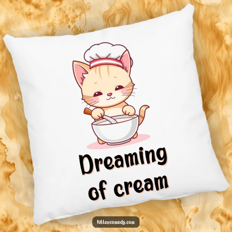 Funny chef kitten pillow, a cute cat chef stirring milk, offering plush comfort and a humorous, endearing visual for any room.