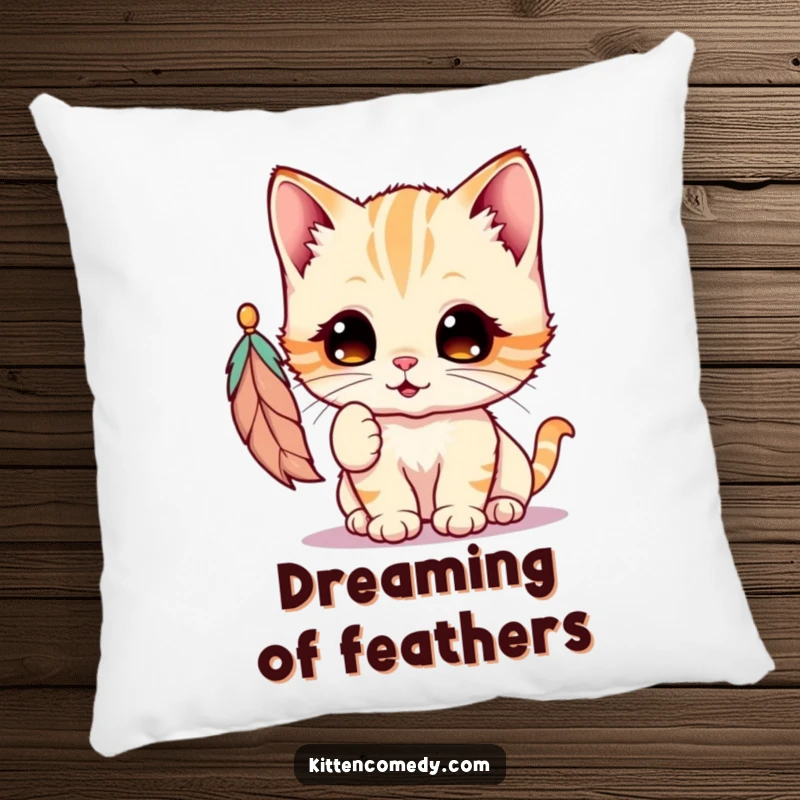 Funny Kawaii Kitten Pillow: A charming kitten with big eyes delightedly bats at a dangling feather, embodying playful joy.