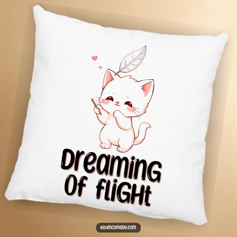 Funny kawaii kitten pillow, happily batting at a feather, a cute and cozy design for cat lovers.