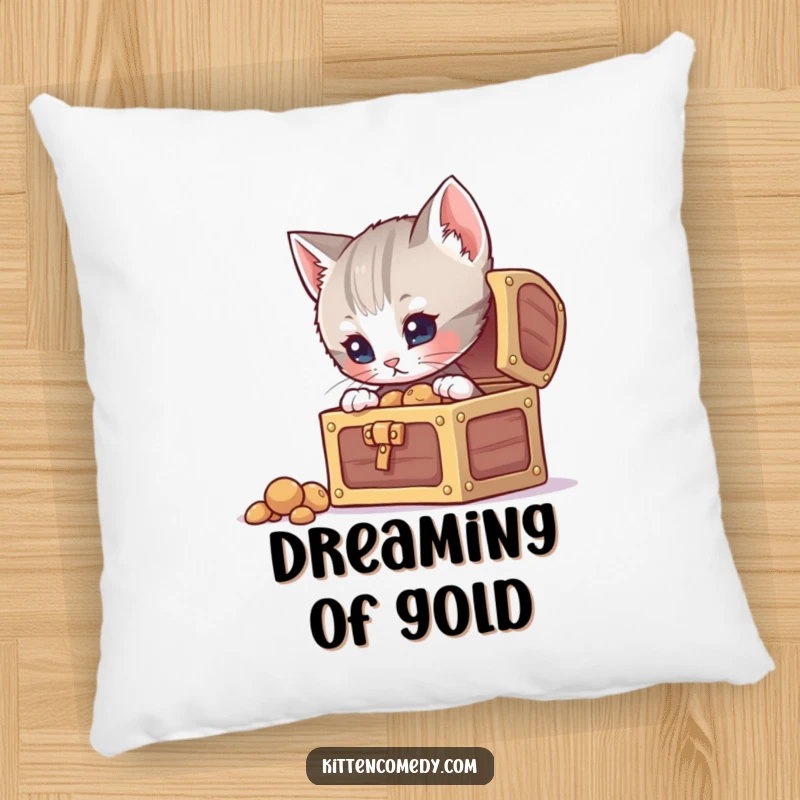 Funny curious kitten pillow, peeking into a treasure chest, offering cozy comfort and a touch of playful mystery.
