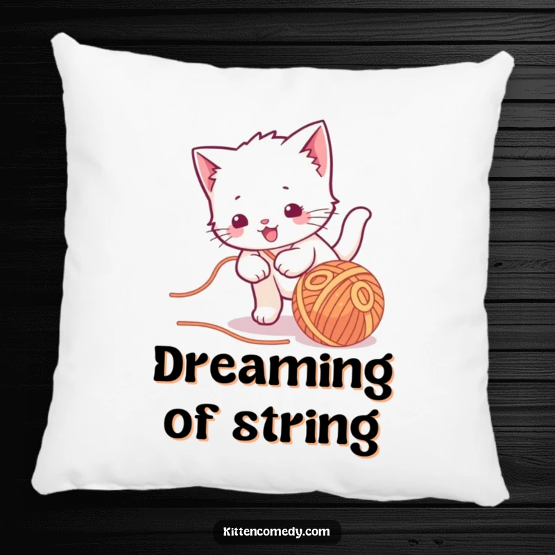 Funny kawaii kitten pillow, chasing a ball of yarn, a cute and cozy design for cat lovers.