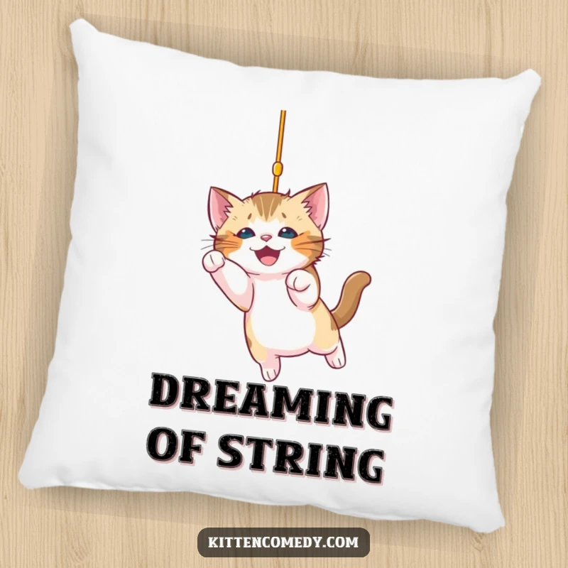 Funny kitten pillow showcasing a mischievous kitten caught in the act of pouncing on a sparkling string, adding humor and charm.