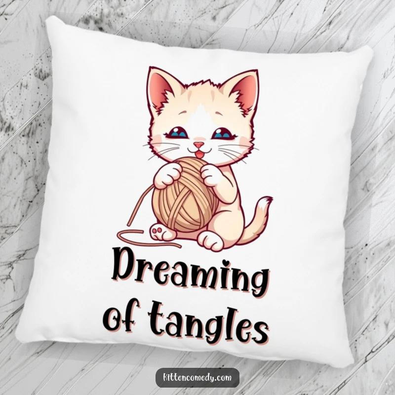 Funny kitten playfully batting at a yarn ball on a soft pillow, creating a cozy and playful accent.