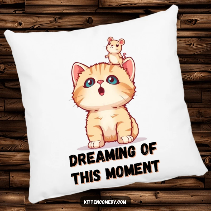 Funny surprised kitten pillow, soft and cuddly, with wide eyes fixed on a hovering toy mouse, exuding comical innocence.