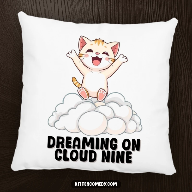Funny pillow adorned with an excited kitten character joyfully diving into a plush, soft cloud, perfect for cozying up.
