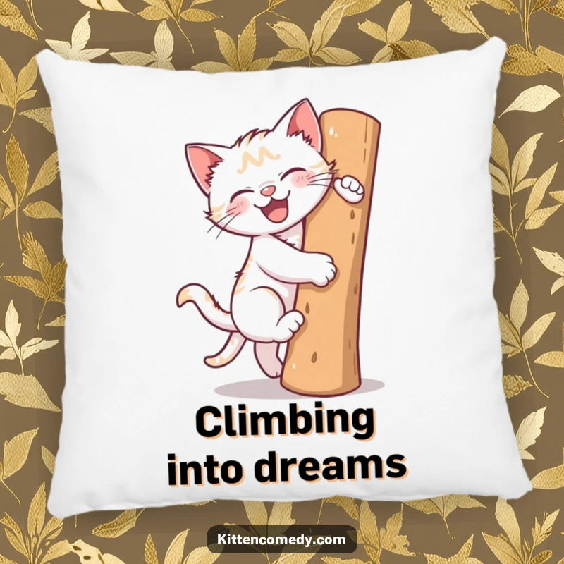 Funny pillow featuring a kitten gleefully climbing a scratching post. Soft, huggable, and full of playful charm.