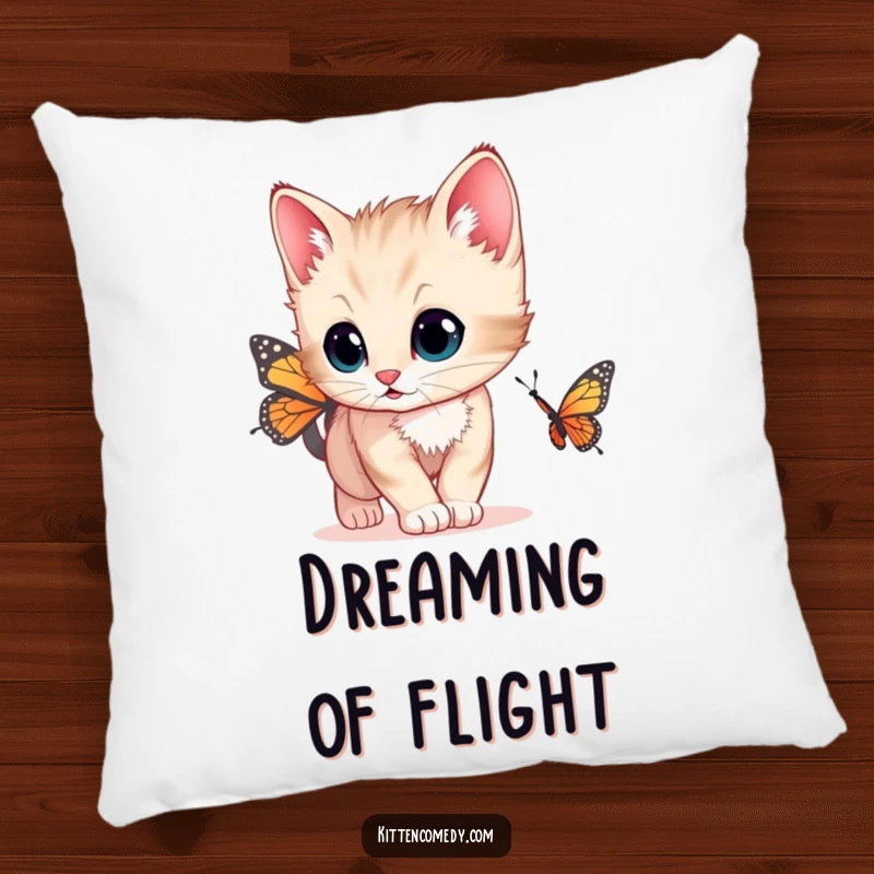 Funny soft pillow featuring a kitten with wide, curious eyes chasing a butterfly, adding comfort and innocent wonder.