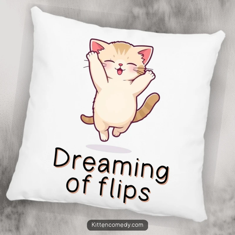 Funny kawaii kitten pillow showing a cat performing a silly acrobatic flip with joyful energy.