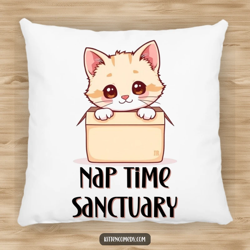 Funny, cute kawaii kitten peeking from a snug box, adorning this soft and humorous decorative pillow.