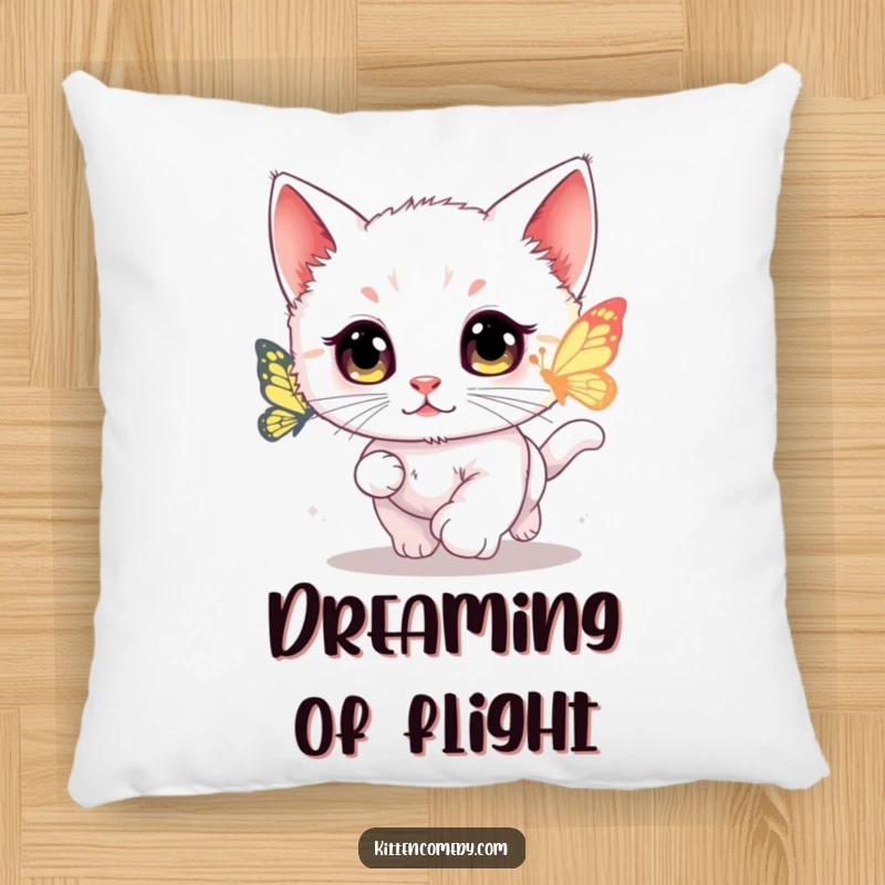 Funny kawaii kitten pillow depicting a wide-eyed cat chasing a glowing butterfly.