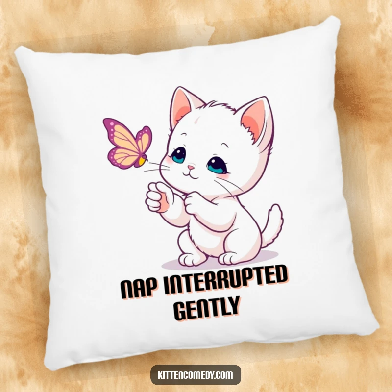 Funny Kawaii Kitten Pillow: A sweet kitten's gentle paw delicately swipes at a floating butterfly, embodying calm playfulness.