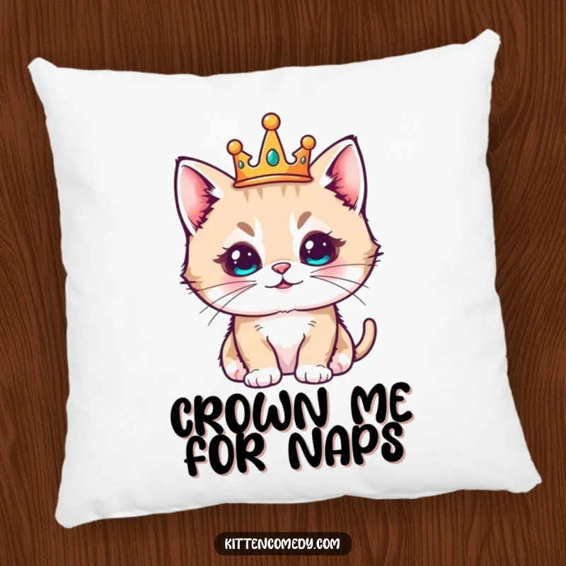 Funny kawaii kitten wearing a tiny crown, looking regal and pleased, soft decorative pillow.