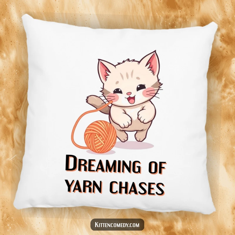 Funny Kawaii Kitten Pillow: A soft pillow showcasing a kitten playfully pouncing on a yarn ball, a cute and humorous accent.