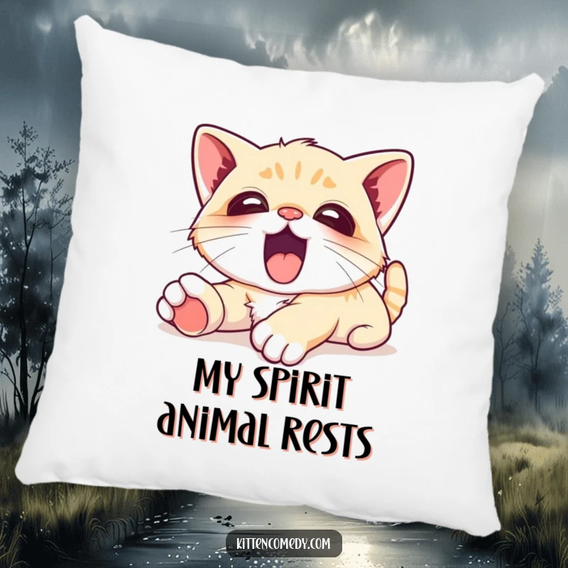 Funny Pillow with a kawaii kitten captured mid-yawn during a luxurious stretch, offering supreme comfort and cute charm.