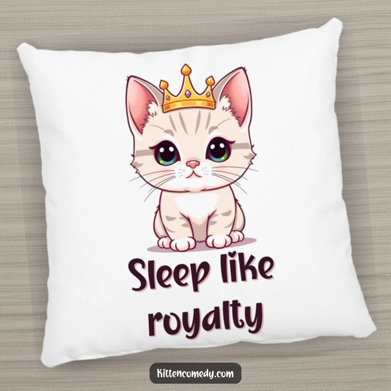 Funny Kitten Crown Pillow: A proud kitten wearing a tiny crown, a soft and funny gift for royalty.