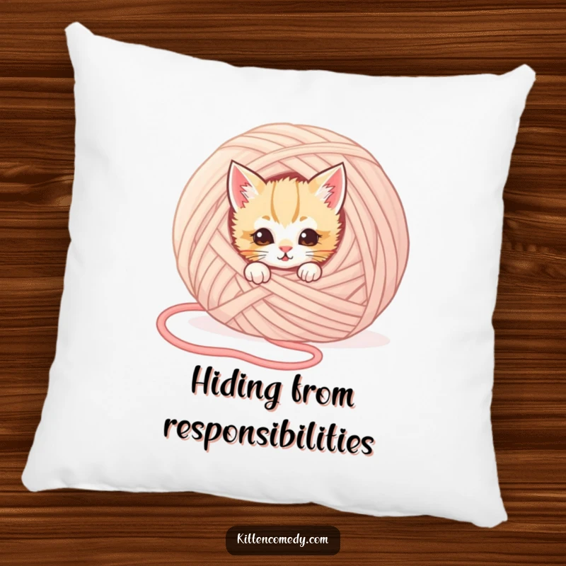 Funny kitten pillow featuring a mischievous kitten peeking from behind a giant ball of yarn, adding humorous charm.