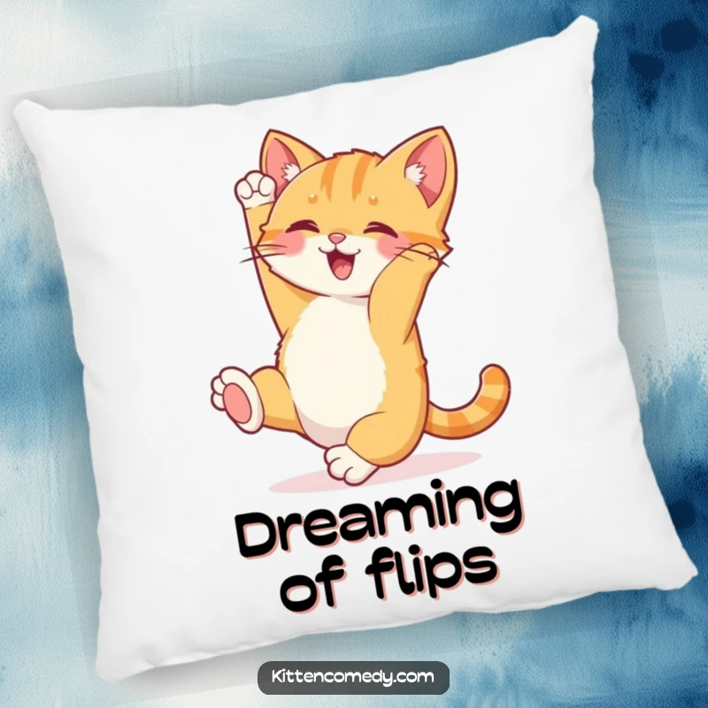 Funny Kitten Somersault Pillow: A joyful kitten doing a happy somersault with its tail up, a soft and funny decorative cushion.