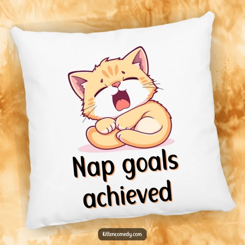 Funny Kitten Sunbeam Pillow: A tired kitten yawning while curled in a sunbeam, a soft and funny decorative cushion.