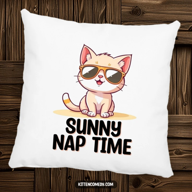 Funny Kitten Sunglasses Pillow: A cool kitten wearing sunglasses while sunbathing, a soft and funny gift.