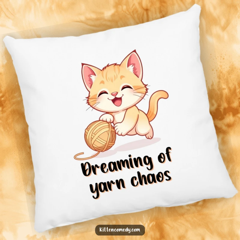 Funny happy kitten chasing a bouncing yarn ball, a soft pillow for cuddles and funny gifts.
