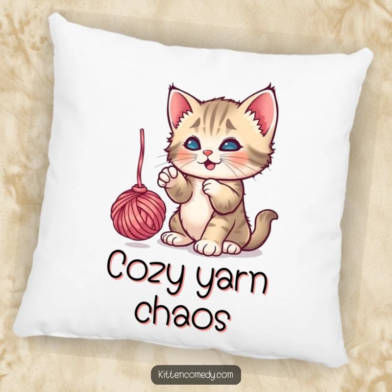 Funny Kitten Yarn Pillow: A playful kitten batting at a dangling yarn ball, a soft and funny gift.