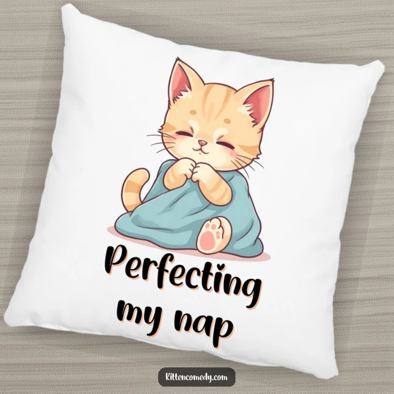 Funny pillow featuring a kitten playfully kneading fabric. Soft, huggable, and radiating cozy feline vibes.