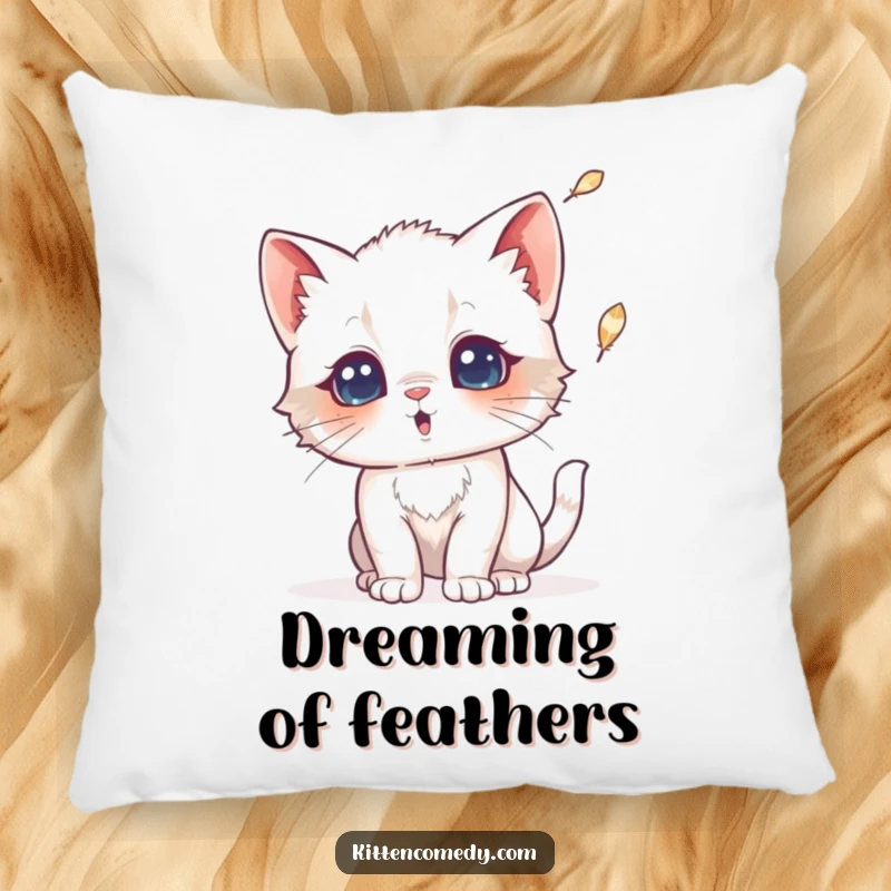 Funny pillow featuring a kitten with a comically surprised expression as a feather falls. Soft, huggable, and hilariously relatable.