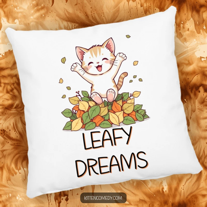 Funny kitten pillow depicting a cat joyfully leaping into a pile of autumn leaves, offering a soft and humorous nod to the season.