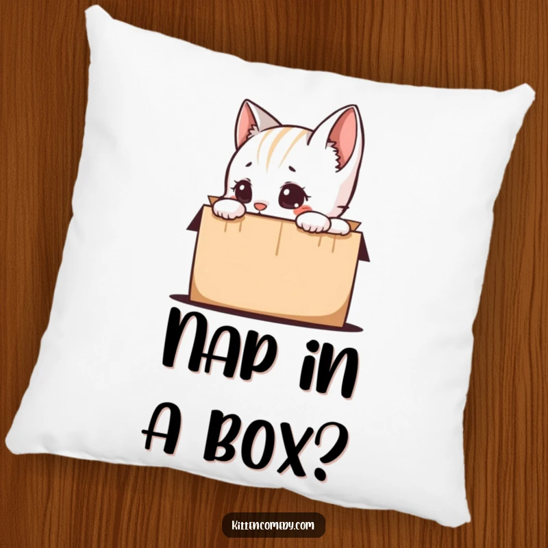 Funny kitten character peeking out of a box, printed on a soft pillow, offering comfort and a dose of humor, an ideal funny gift.