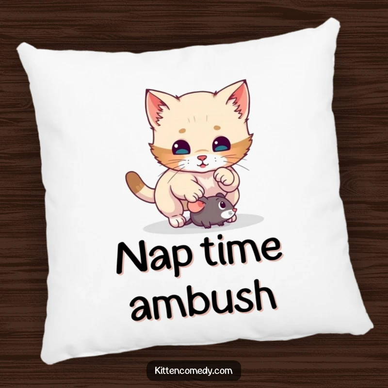 Funny kitten pillow depicting a cat executing a surprise pounce on a toy mouse, offering a soft spot for humor and feline fans.