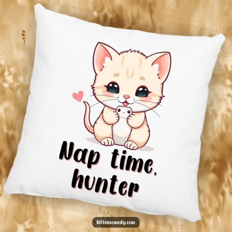 Funny, soft pillow depicting a kitten offering a toy mouse with a purr, bringing comfort and a touch of feline sweetness.