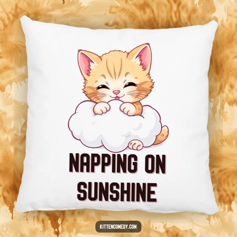 Funny cheerful kitten pillow, happily tussling with a soft cloud, offering cozy comfort and whimsical charm.