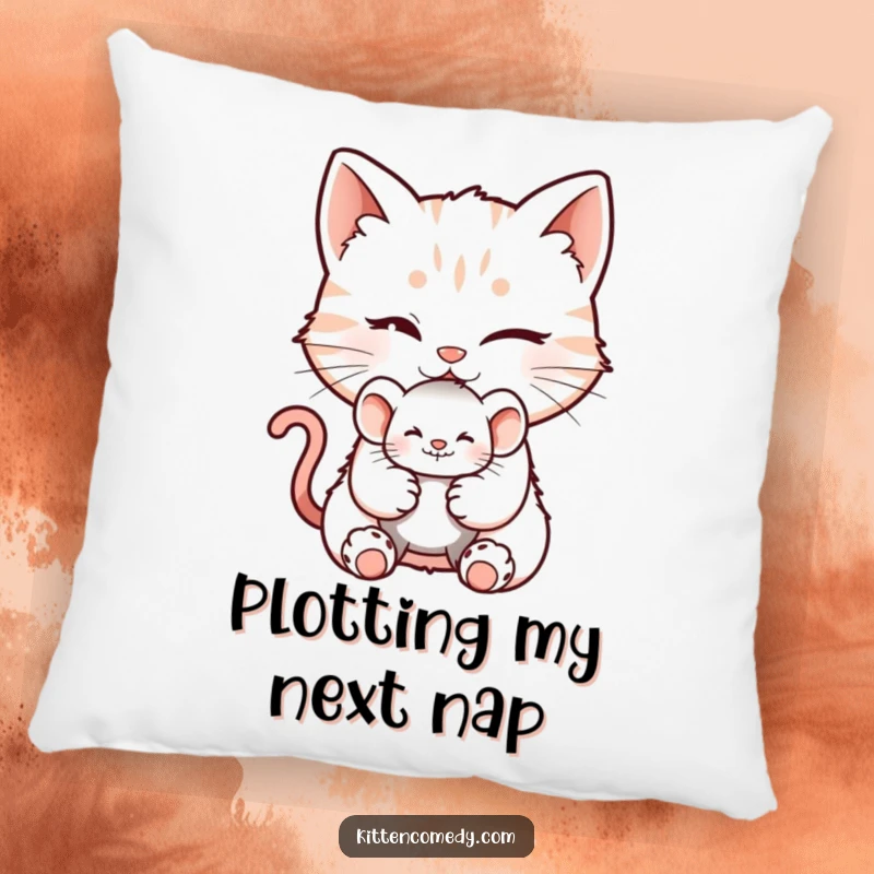 Funny pillow featuring a winking kitten character with a mischievous grin, offering a tiny mouse toy, perfect for playful homes.