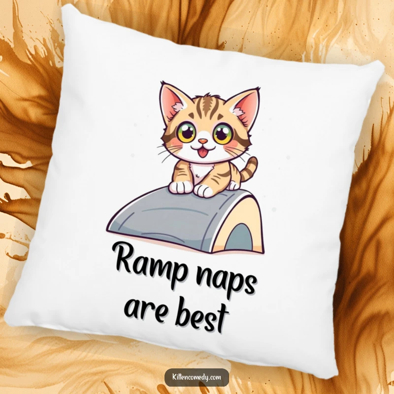 Funny sliding kitten pillow, a wide-eyed kitten sliding down a ramp, offering plush comfort and a humorous depiction of thrilling motion.