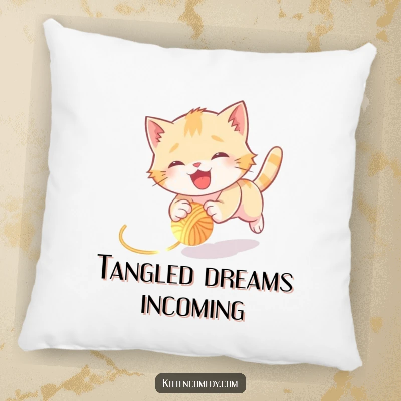 Funny kitten pillow featuring a joyful kitten hilariously tumbling as it chases a glowing ball of yarn, adding whimsical humor.