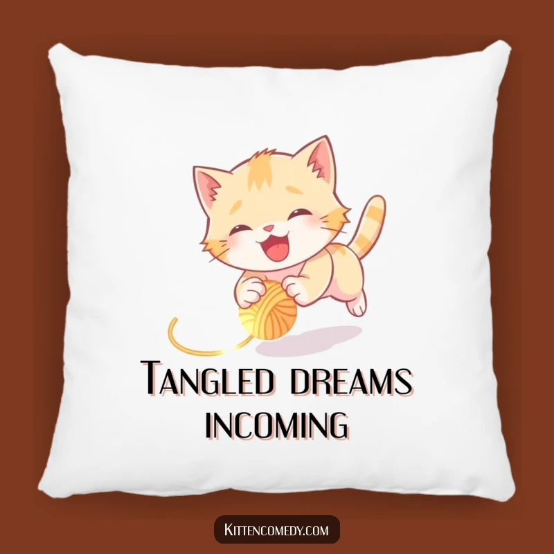Funny Kitten Yarn Chase Pillow: Cozy & Humorous Tumbling Cat Cushion Gift