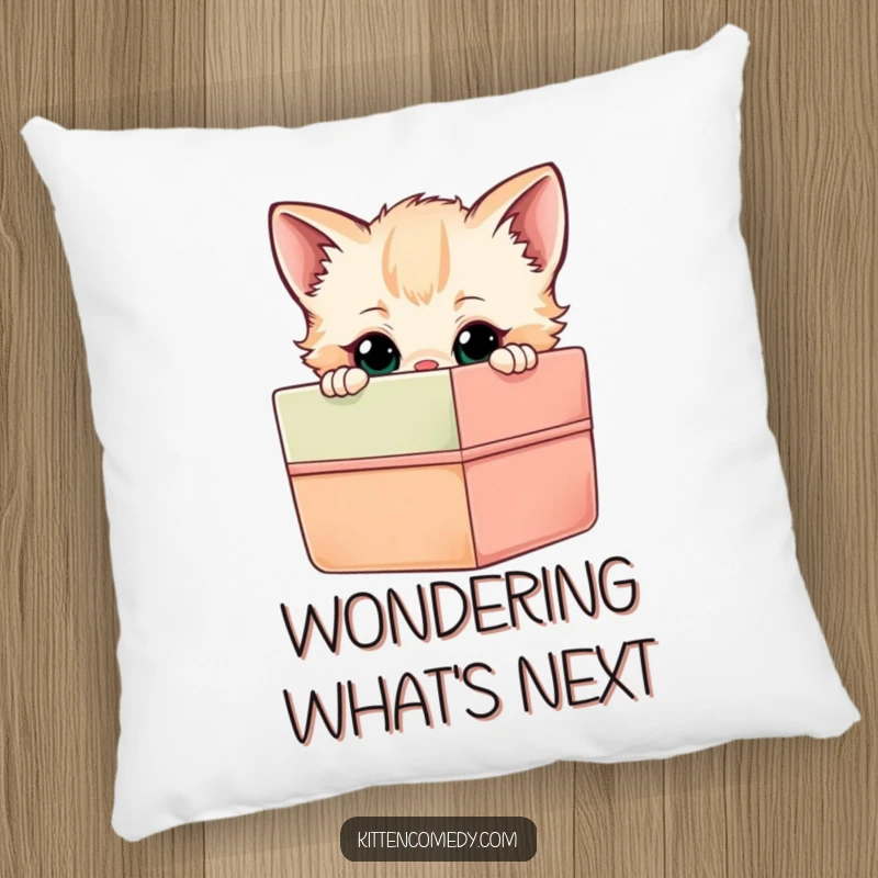 Funny Kitten Gift Box Pillow: A curious kitten peeking into a gift box, a soft and funny decorative cushion.