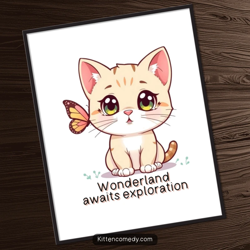 Funny Kawaii Kitten Digital Art Print: A charming illustration of a wide-eyed kitten watching a butterfly, perfect for instant decor.