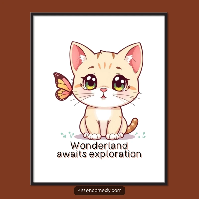 Download Funny Kawaii Kitten Art: Curious Cat & Butterfly, Instant Gift!