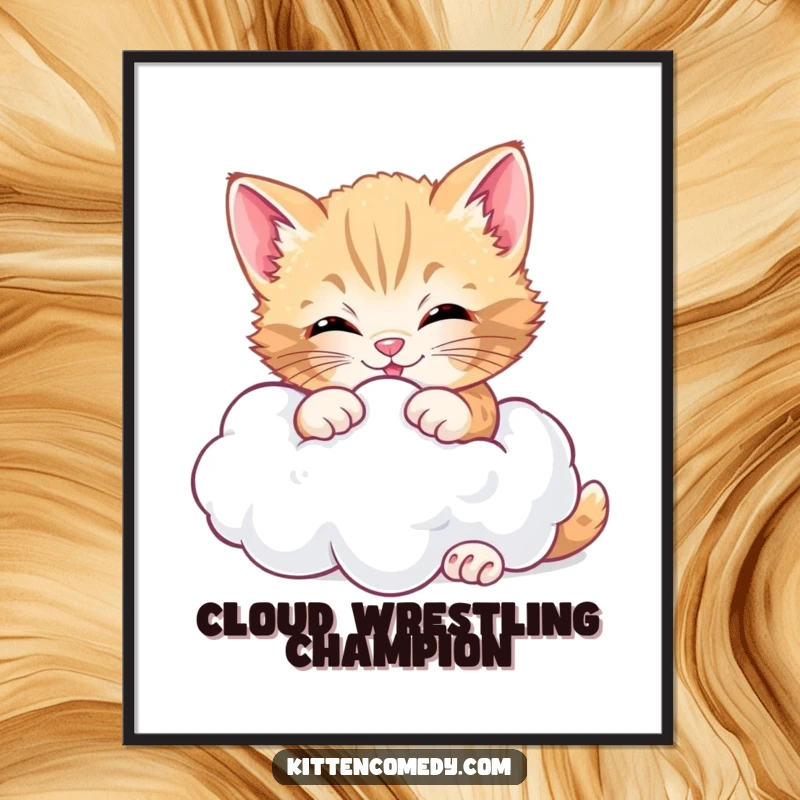 Funny cheerful kitten digital art, joyfully wrestling a soft cloud, printable art full of whimsy and happiness.