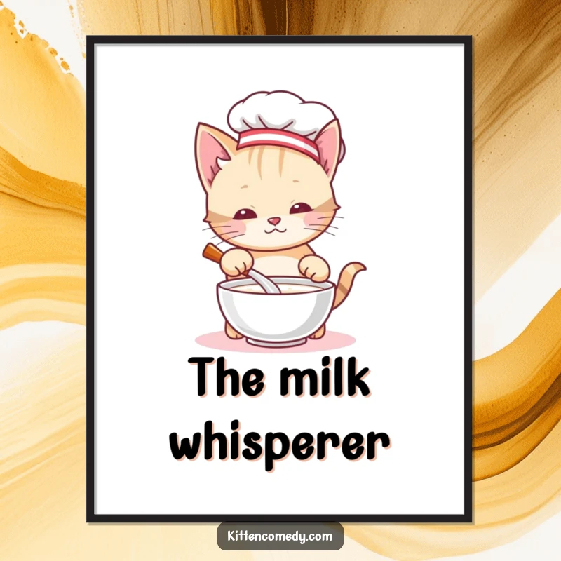 Funny chef kitten digital art print, a cute cat chef stirring milk, ready to be printed and displayed for instant humor and charm.