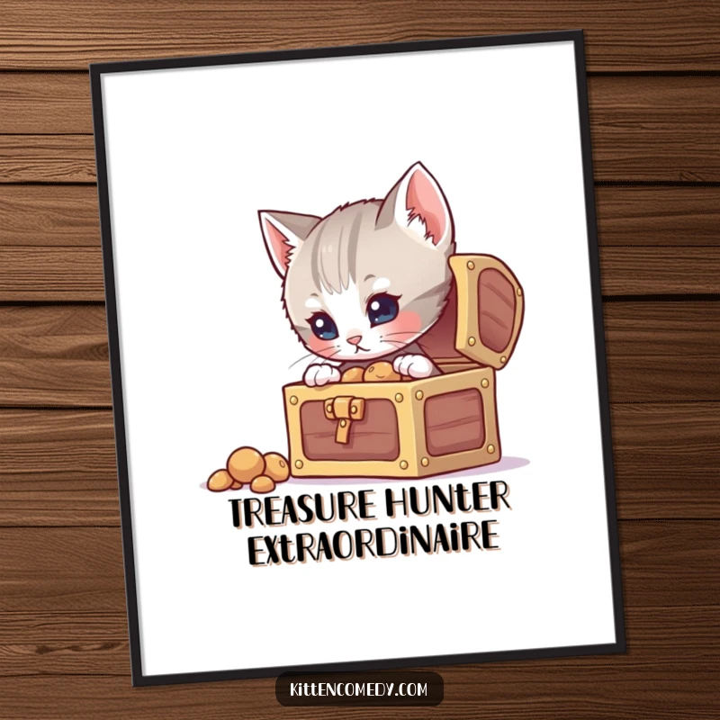 Funny curious kitten digital art, peeking into an open treasure chest, printable artwork full of intrigue and humor.