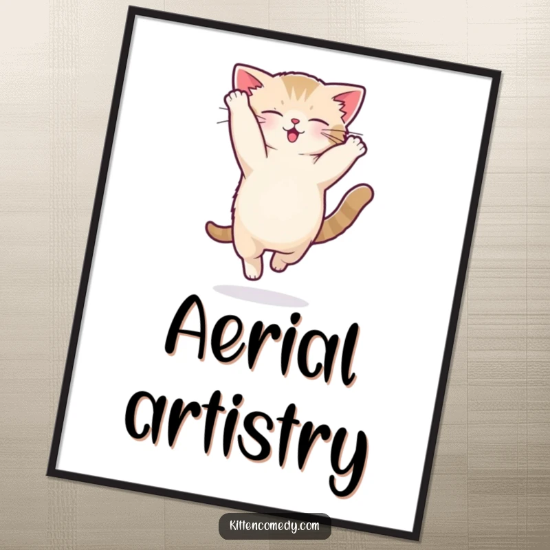 Funny kawaii kitten digital art print of a cat performing a silly acrobatic flip.