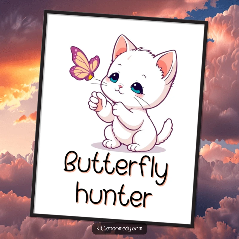 Funny Kawaii Kitten Digital Art Print: A curious kitten gently bats its paw towards a beautiful floating butterfly, full of wonder.