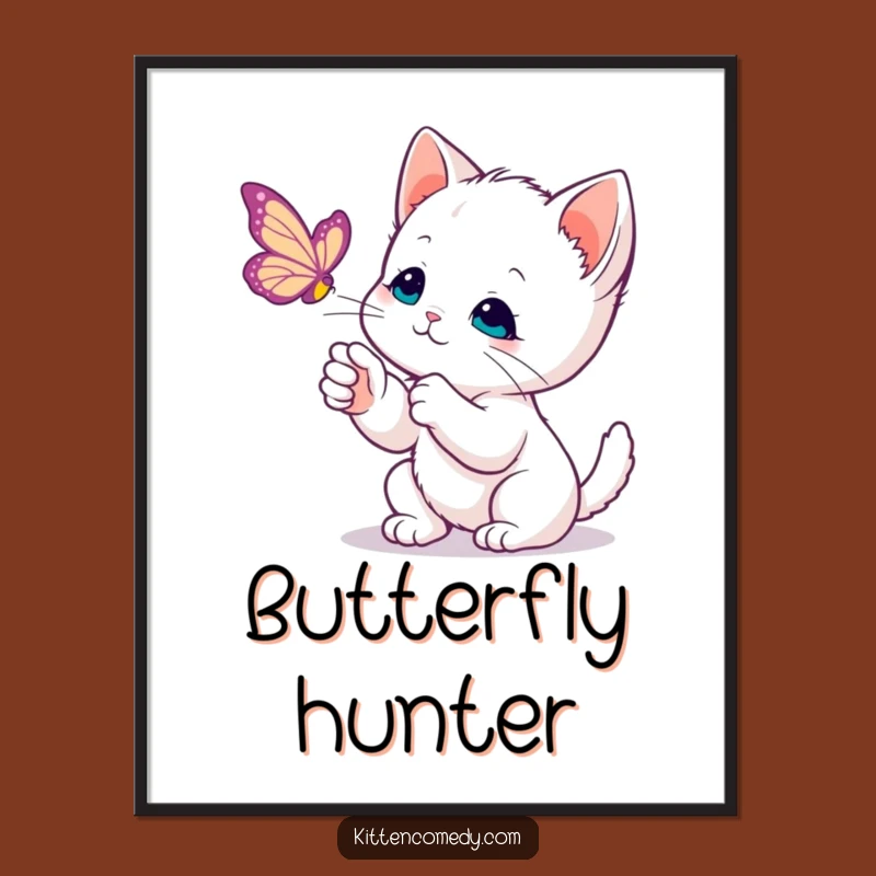 Funny Kawaii Kitten Butterfly Digital Art Print: Gentle Cat Decor