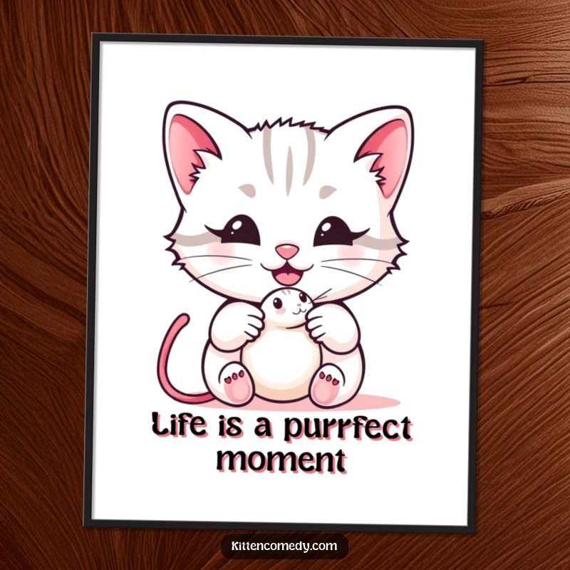 Funny kawaii kitten digital art print of a cat offering a mouse toy with a happy meow, perfect for instant, humorous wall decor, a great gift.