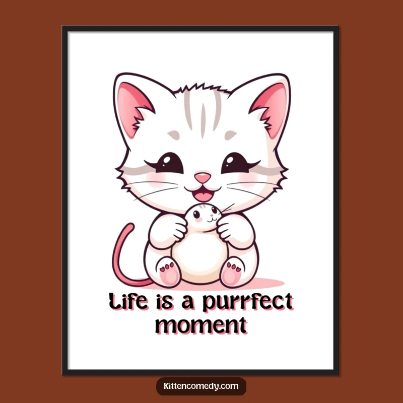 Funny Kawaii Kitten Digital Art - Happy Meow & Mouse Toy Printable Wall Decor Gift